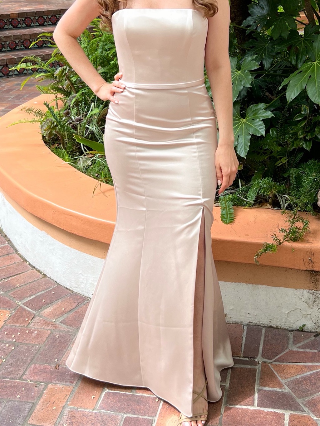 Amsale Strapless Satin Column Evening Gown In Champagne
